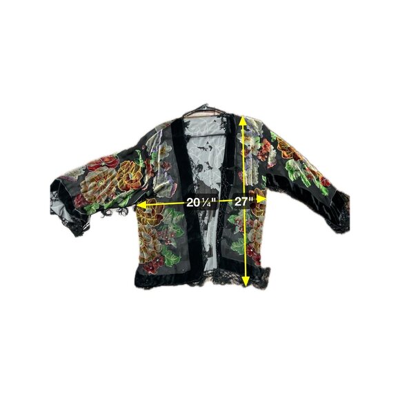 Floral Embroidered Sheer Burn Out Kimono Cardigan Fringe Beads Boho Whimsigoth - Picture 5 of 6